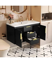 Sillysis 36" Wall Mounted Bathroom Vanity with Resin Sink, Modern Mdf Cabinet, Double Drawers & Storage for Small Bathrooms