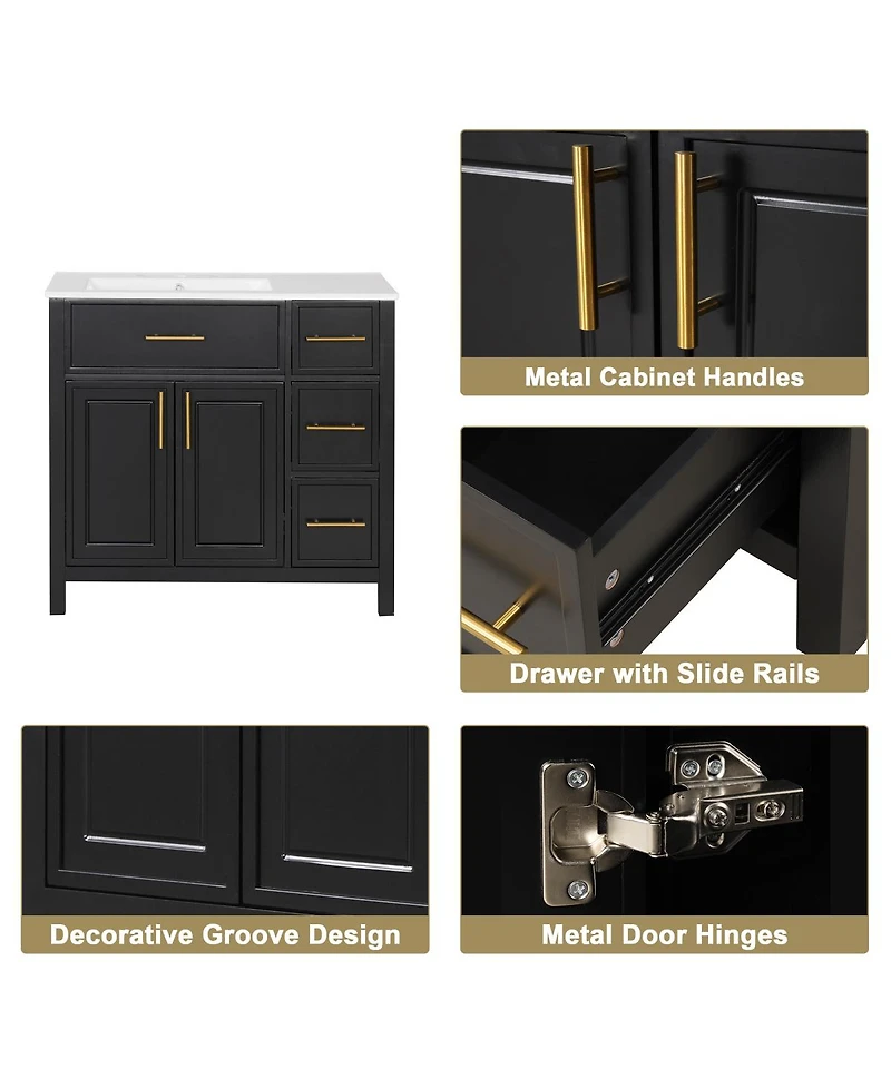 Sillysis 36" Bathroom Vanity with Left Ceramic Sink, Solid Wood & Mdf Cabinet, Ample Storage Drawers, Modern Freestanding