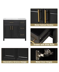 Sillysis 36" Bathroom Vanity with Left Ceramic Sink, Solid Wood & Mdf Cabinet, Ample Storage Drawers, Modern Freestanding