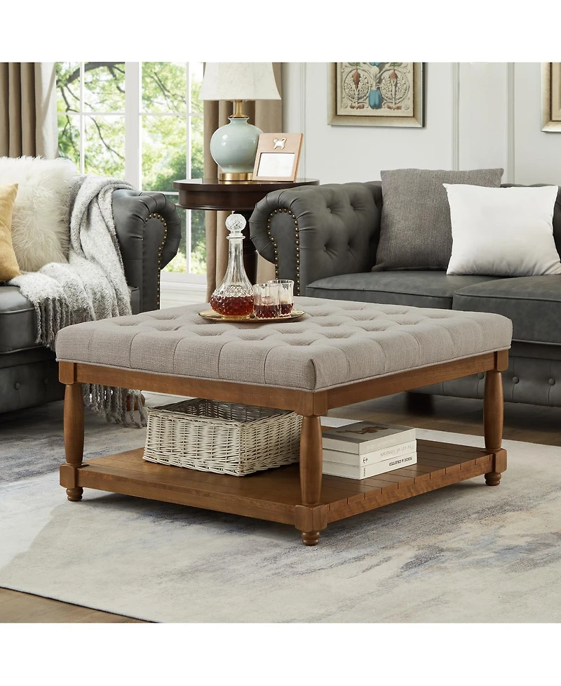 Streamdale Furniture Large Tufted Linen Ottoman Coffee Table with Solid Wood Shelf
