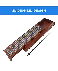 Gse Games & Sports Expert Multi Color 3-Track Wooden Cribbage Board Box with 2 Deck Playing Cards, 9 Metal Pegs and Drawer