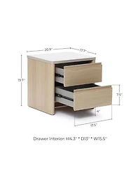 LuxenHome Snowy Oak Nightstand & End Table with 2 Drawers, Faux Travertine Top, Durable Manufactured Wood