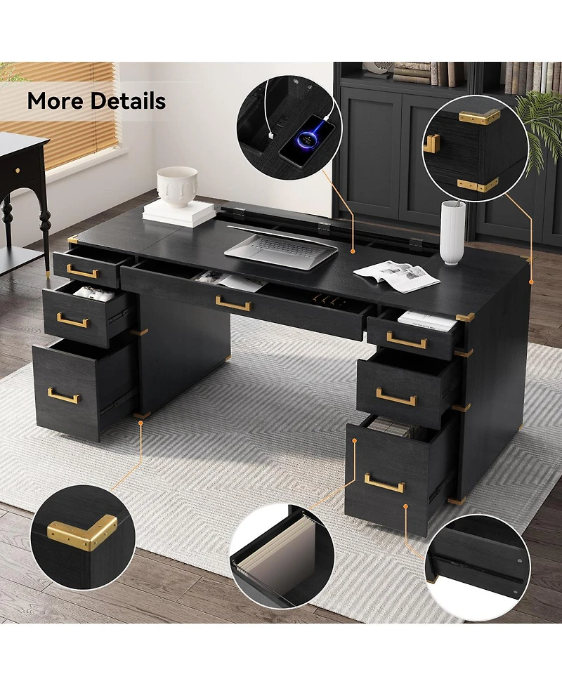 Streamdale Furniture 70" Executive Desk with File Drawers, Usb Ports, Outlets & Hidden Compartment