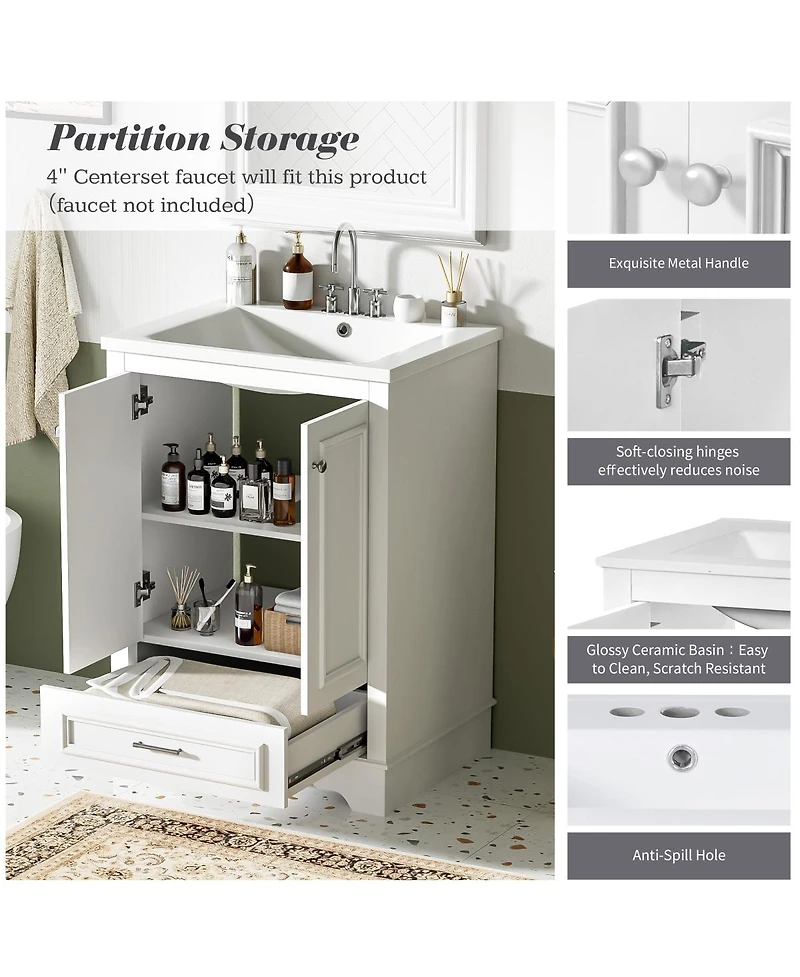 Sillysis 24" Bathroom Vanity with Ceramic Sink, Modern Freestanding Cabinet Drawer & Soft Closing Doors, Solid Wood Mdf Storage