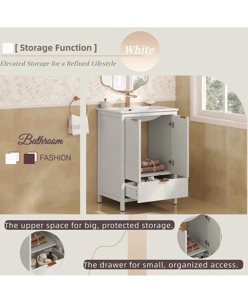 Sillysis 24" Bathroom Vanity with Ceramic Sink, Modern Solid Wood Cabinet & Textured Door for Small Spaces