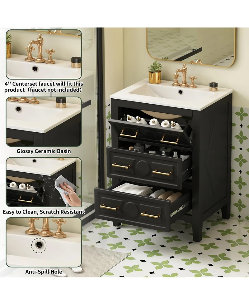 Sillysis 24 Inch Bathroom Vanity with Ceramic Sink, Retro Solid Wood Cabinet, 3 Soft Close Drawers for Small Bathrooms