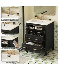 Sillysis 24 Inch Bathroom Vanity with Ceramic Sink, Retro Solid Wood Cabinet, 3 Soft Close Drawers for Small Bathrooms