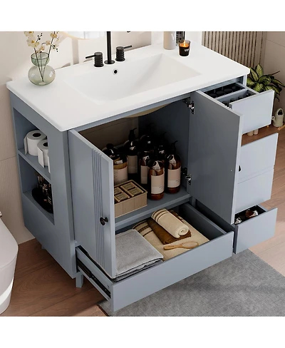 Sillysis 36" Bathroom Vanity with Sink, Solid Wood Cabinet, 4 Drawers and Side Storage for Small Bathrooms