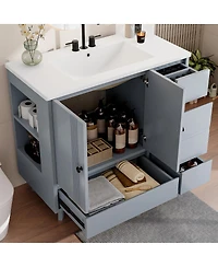 Sillysis 36" Bathroom Vanity with Sink, Solid Wood Cabinet, 4 Drawers and Side Storage for Small Bathrooms