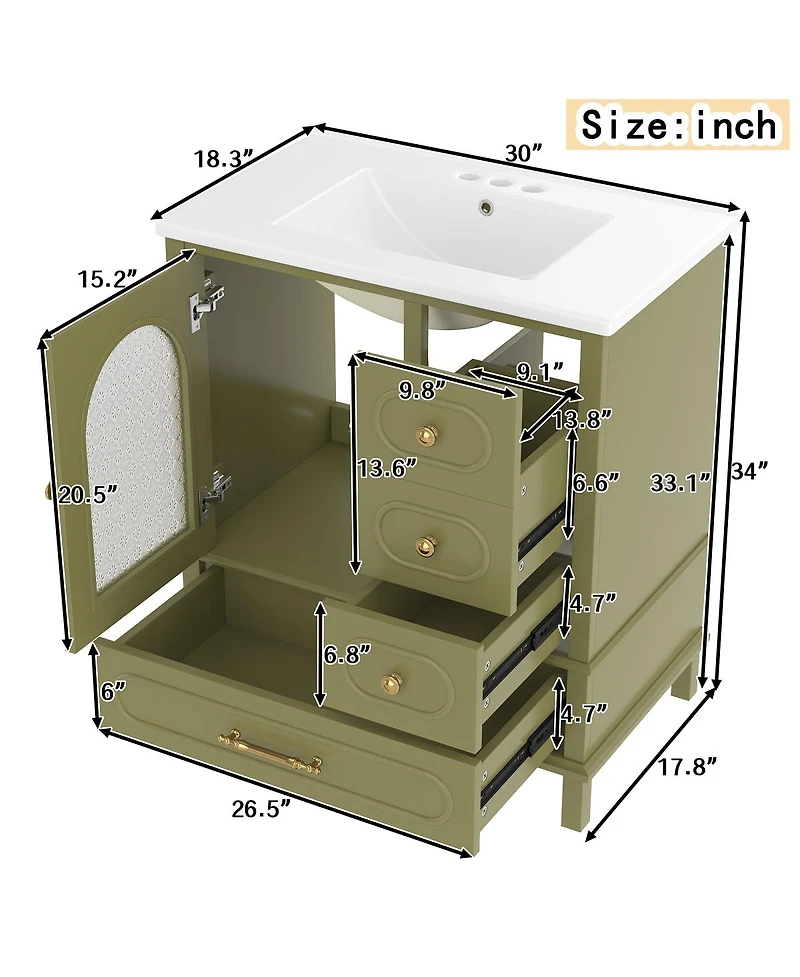 Sillysis 30" Freestanding Bathroom Vanity with Sink, Solid Wood Bathroom Cabinet with Arched Door for Small Bathrooms