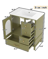 Sillysis 30" Freestanding Bathroom Vanity with Sink, Solid Wood Bathroom Cabinet with Arched Door for Small Bathrooms