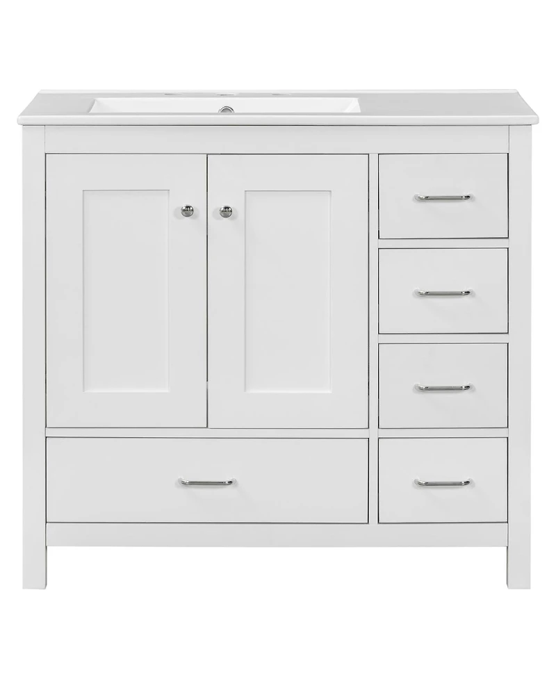 Sillysis 36" Bathroom Vanity with Sink, Solid Wood Cabinet & 5 Drawers Storage, Modern Freestanding Bath Cabinet for Small Spaces