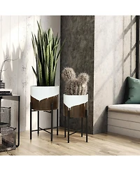 LuxenHome 2-Piece White and Brown Metal Cachepot Planters Set with Black Stands