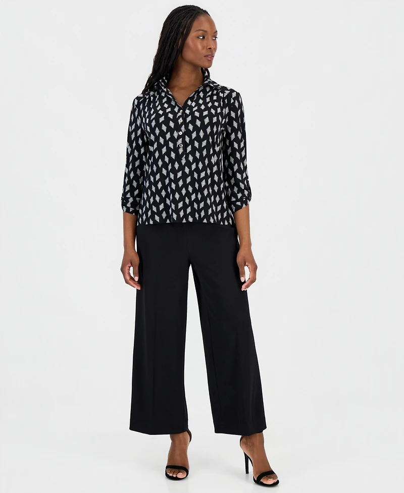 Anne Klein Essentials Petite Printed Collared 3/4-Sleeve Top