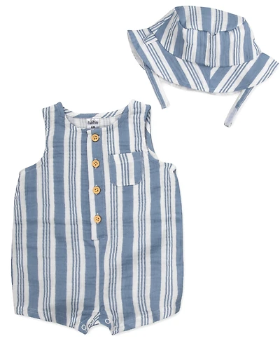 Baby Essentials Boys' Striped Gauze Sleeveless Romper and Hat, 2-Piece Set