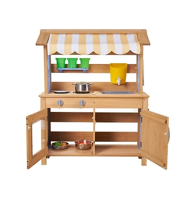 Slickblue Outdoor Wooden Mud Kitchen for Kids with Sink, Canopy & Tools