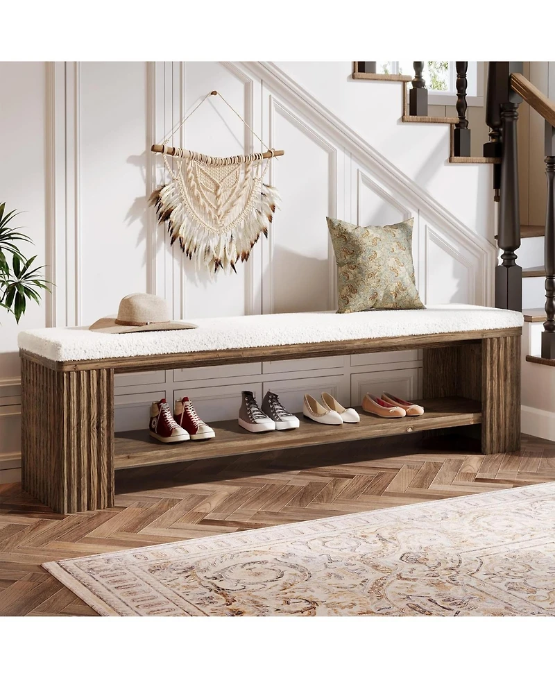 Tribesigns 63" Solid Wood Dining Bench, Farmhouse Upholstered End of Bed Bench with Removable Faux Lambswool Cushion,Indoor Long Entryway Bench