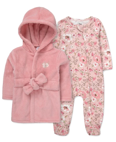 Baby Essentials Girls' Floral Robe and Footed Sleeper, 2-Piece Set