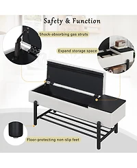 Rainsken Entryway Shoe Bench with Cushion Top, Flip-Top Storage Compartment and Lower Rack for Hallway, Living Room and Foyer