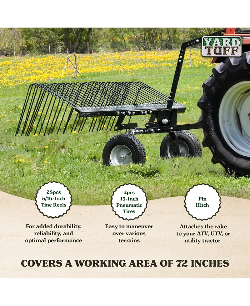 Yard Tuff 72" Pine Straw Atv Tow Behind Steel Landscape Rake w/Wheels & Handle