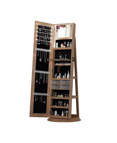 Rainsken 360°Swivel Jewelry Cabinet, Standing Jewelry Armoire Organizer, Lockable Storage Cabinet with Full Length Mirror, Display Shelves