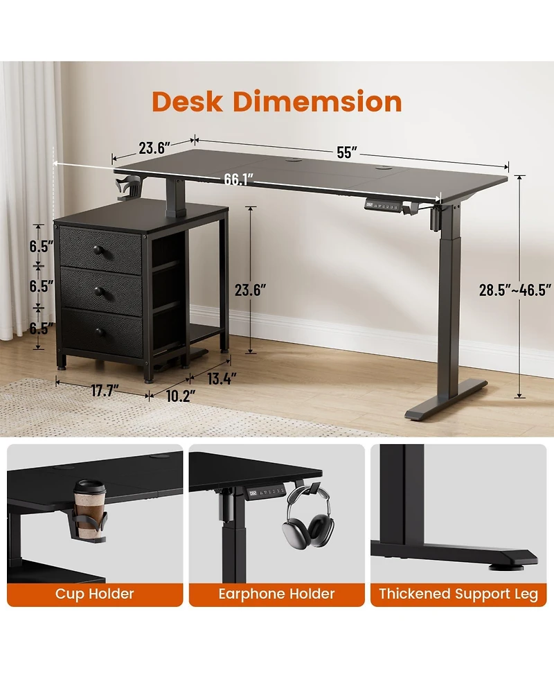 Homlux 55x24" Sit-Stand Desk Height Adjustable Computer with 2 Hooks, Storage Drawers, Printer Cabinet