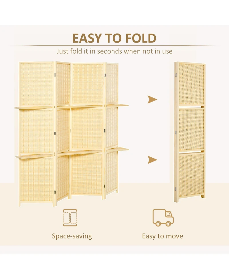 Homcom 6' Folding Privacy Screen Indoor Room Divider w/ 2 Open Display Shelves, Natural