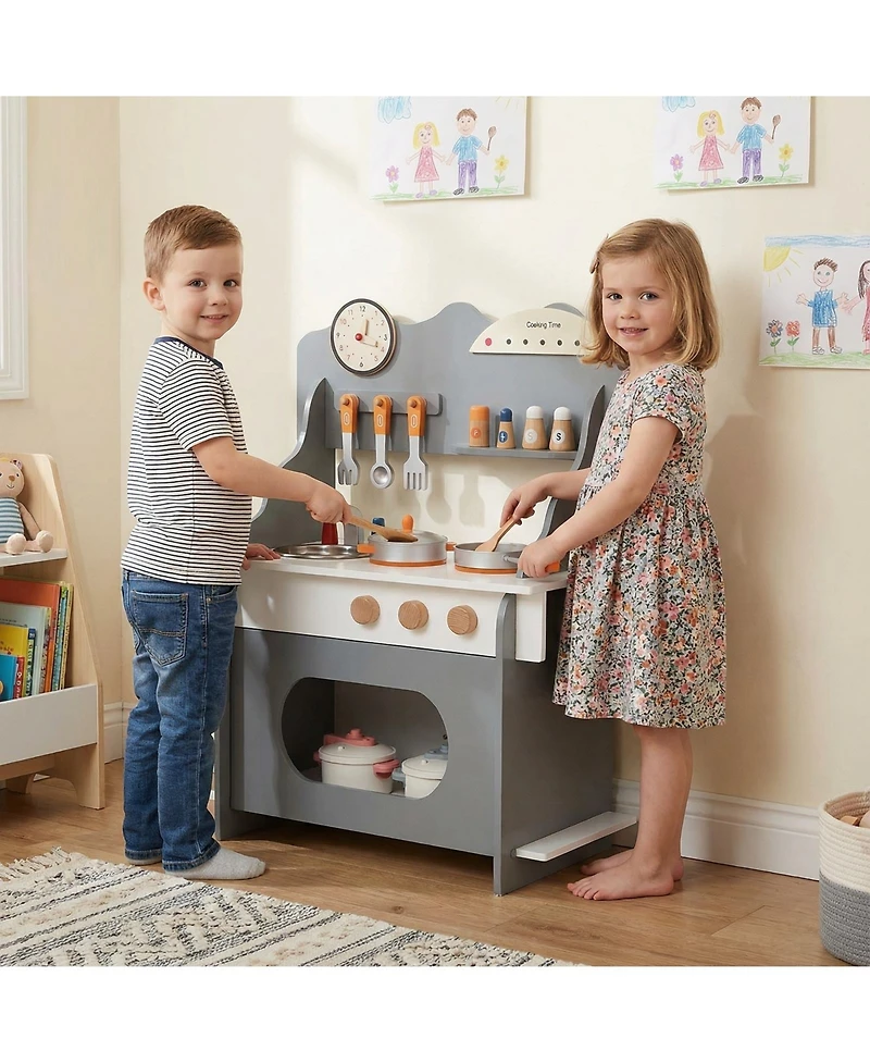 Slickblue Wooden Play Kitchen for Kids with Clock Pretend Set 3