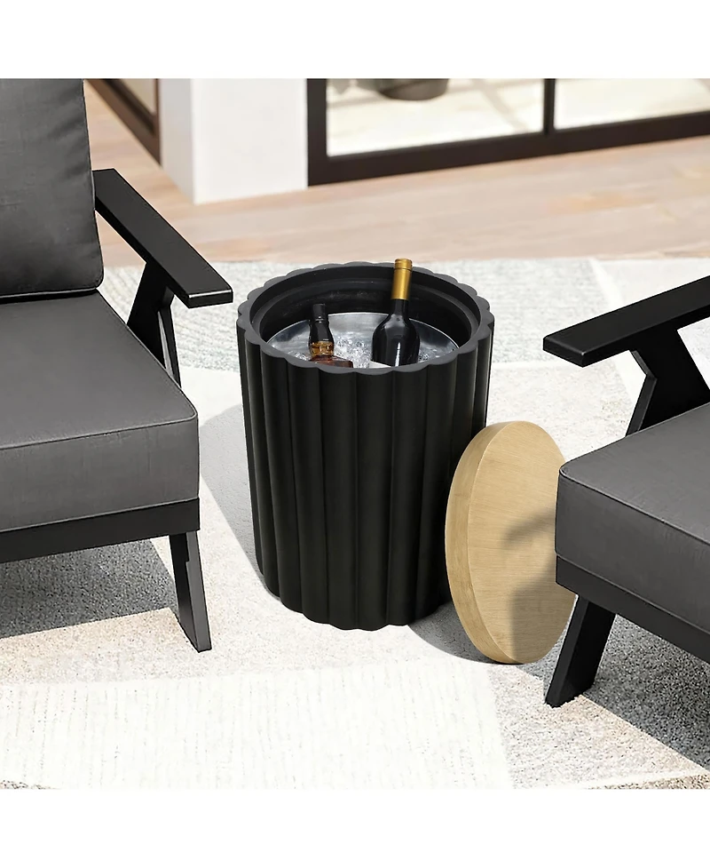 LuxenHome Fluted Round Patio Side Table with Removable Lid & Galvanized Metal Ice Bucket