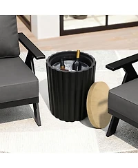 LuxenHome Fluted Round Patio Side Table with Removable Lid & Galvanized Metal Ice Bucket