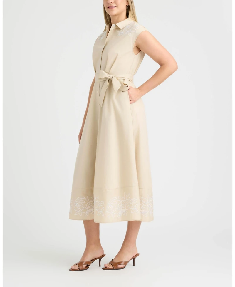 Ellen Tracy Women's Maxi Belted Dress with Embroidered Detail