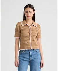 Nvlt Women's Button Front Crochet Sweater with Contrast Edge