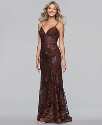 Blondie Nites Juniors' V-Neck Glitter Lace-Up Gown