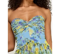 City Studios Women's Strapless Sweetheart Neck Floral Maxi Dress
