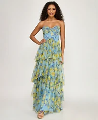City Studios Women's Strapless Sweetheart Neck Floral Maxi Dress