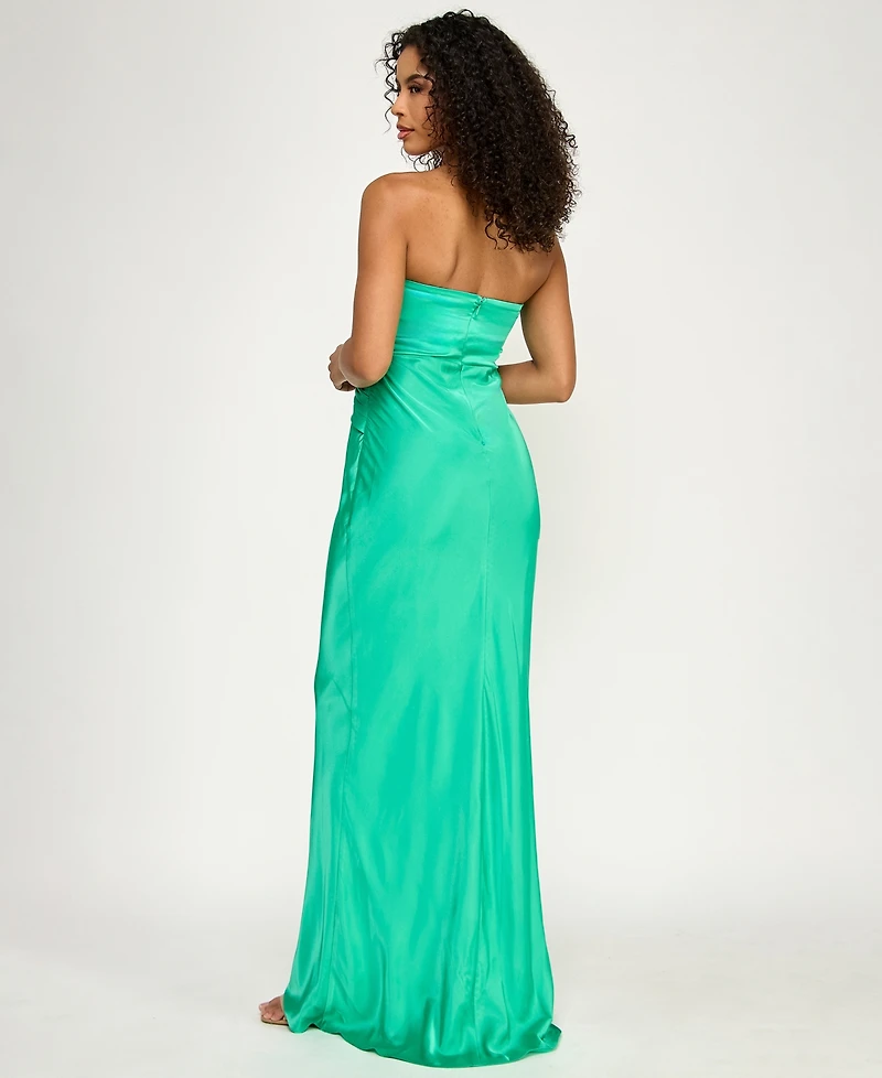 City Studios Junior's Strapless Sweetheart Twist-Front Satin Maxi Dress