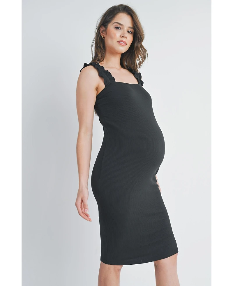 Hello Miz Maternity Ribbed Square Neck Ruffle Strap Dress