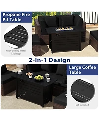 Gymax Set of 5 Patio Furniture Heavy-duty Frame Rattan Sofa w/ 60000 Btu Firepit Table