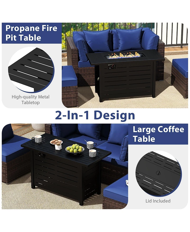 Gymax Set of 5 Patio Furniture Heavy-duty Frame Rattan Sofa w/ 60000 Btu Firepit Table