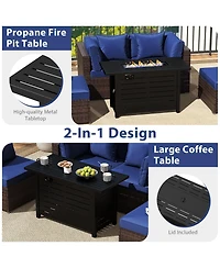 Gymax Set of 5 Patio Furniture Heavy-duty Frame Rattan Sofa w/ 60000 Btu Firepit Table