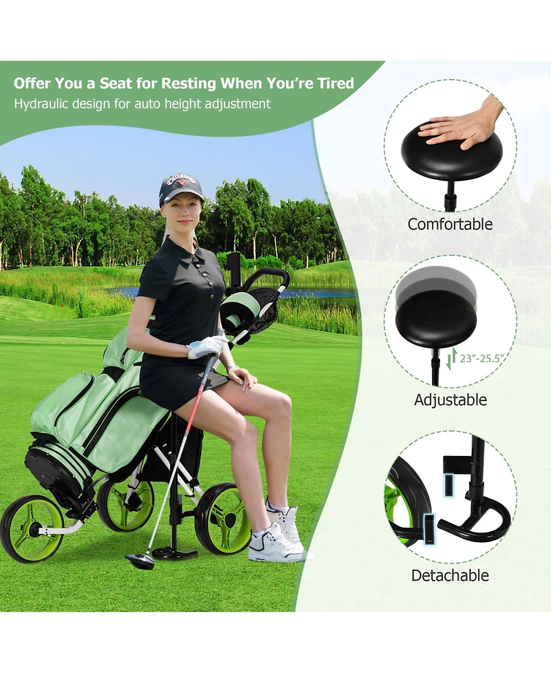 Mecale 3-Wheel Folding Golf Push Cart with Seat, Scoreboard, Adjustable Handle