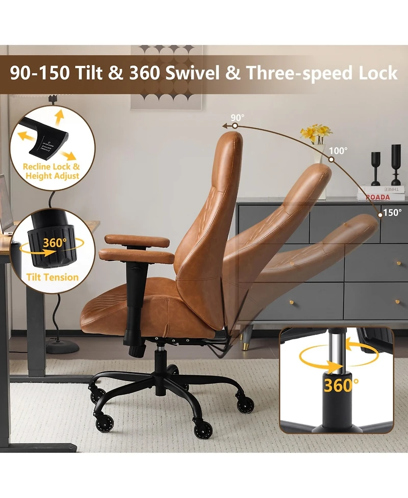 Boyel Living High Back Ergonomic Leather Office Chair with Lumbar Support, Adjustable Armrests, Silent Casters – Home Executive Desk