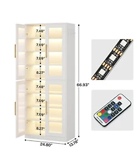 Rainsken Modern Shoe Cabinet for Entryway, 8-Tier Vertical Shoe Rack with Led Lighting, Doors for Dust Protection and Hooks for Entryway, Living Room