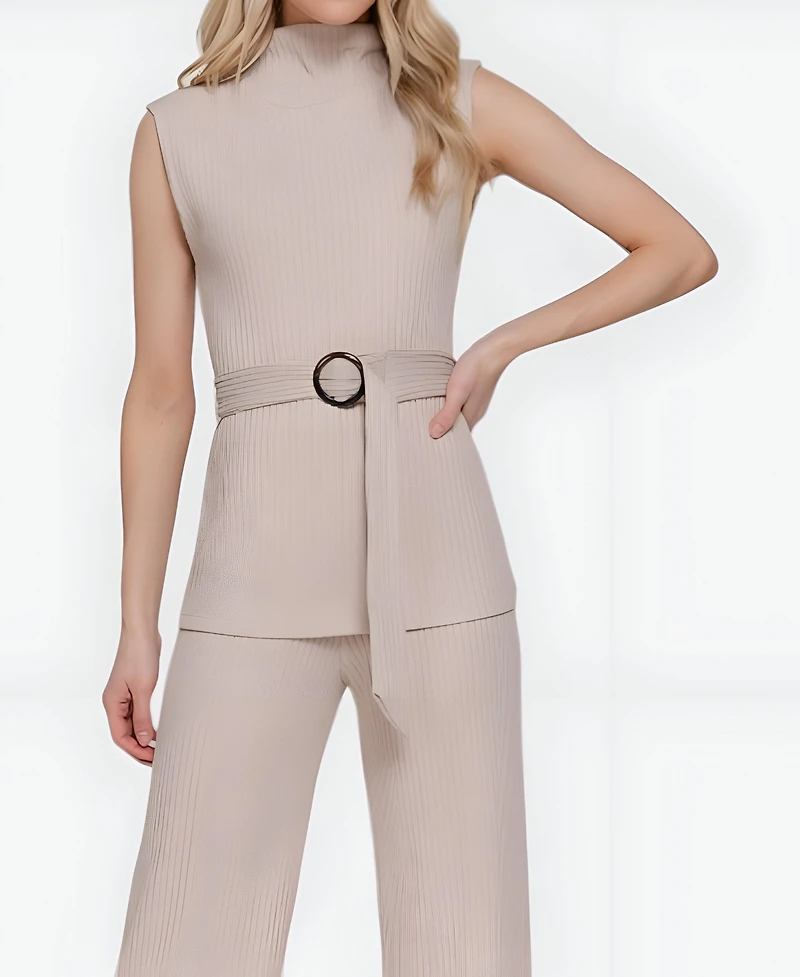 Modenaire Women's Eva Sleeveless Ribbed Knit Mock Neck Top and Wide-Leg Pants Set