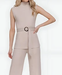 Modenaire Women's Eva Sleeveless Ribbed Knit Mock Neck Top and Wide-Leg Pants Set