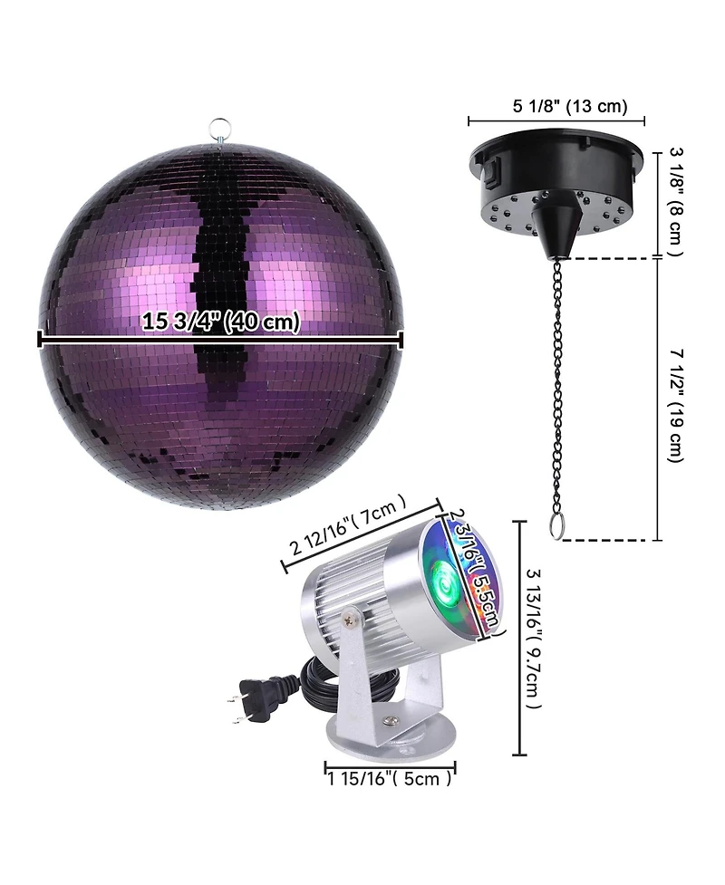 Yescom 16" Large Disco Ball with Motor and Light 6RPM Rotator & 2PCS 3W Rgb Spotlights for 70s 80s Party Dj Bands Club Event Purple
