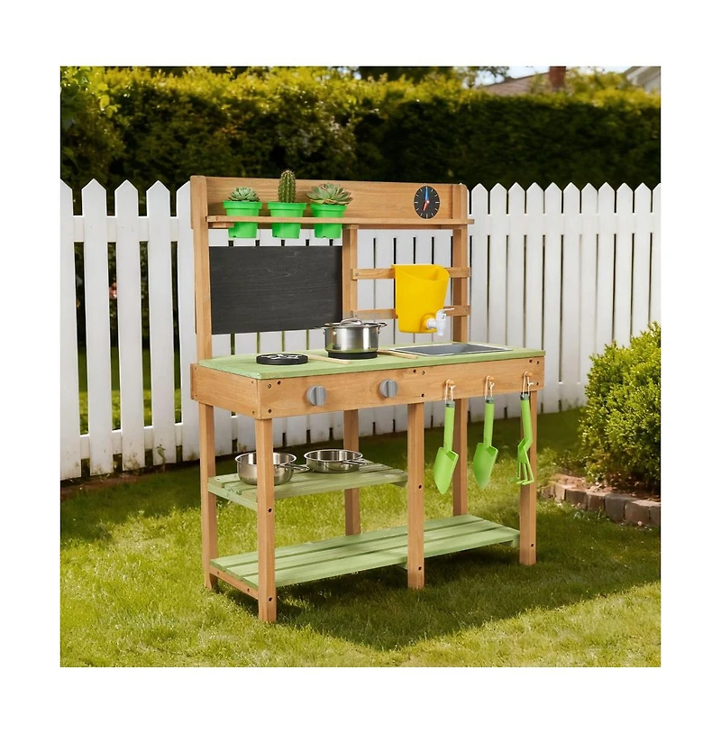 Slickblue Kids Outdoor Mud Kitchen Playset with Sink, Tank, and Cookware