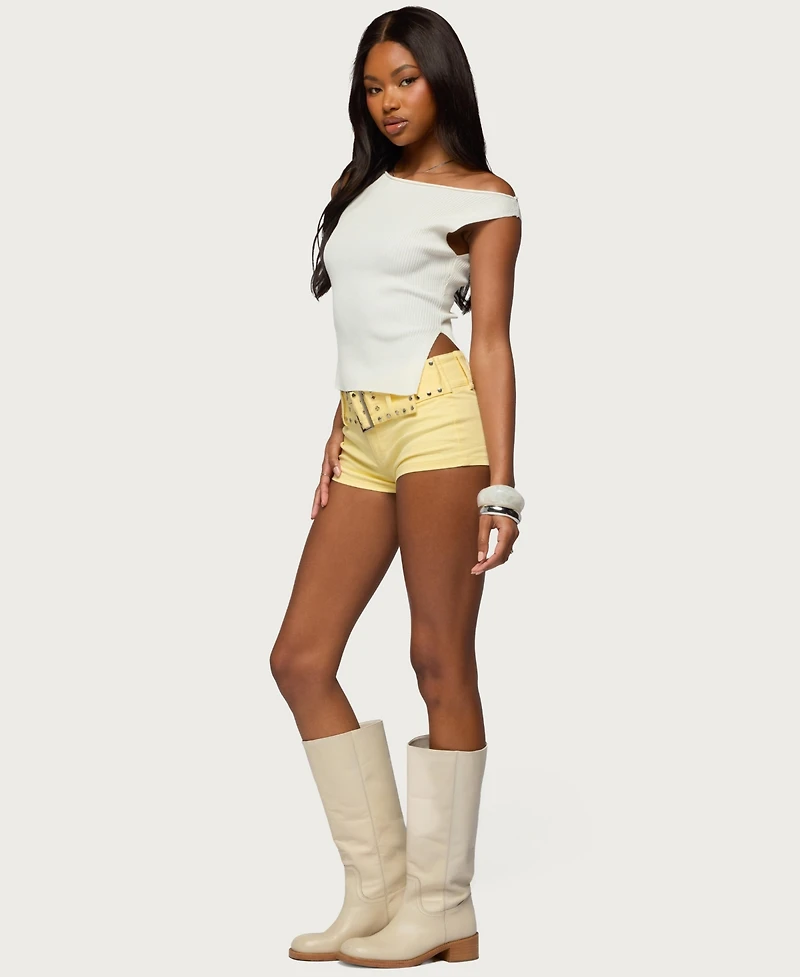 Edikted Women's Myrah Asymmetric Off Shoulder Ribbed Knit Top