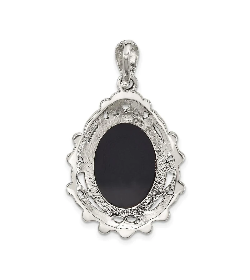 Curata Jewelry 925 Sterling Silver Marcasite, Agate and Simulated Mother of Pearl Cameo Pendant Necklace