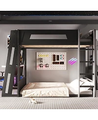 Streamdale Furniture Queen Size Wooden Gaming Bunk Bed with Desk, Usb & Led